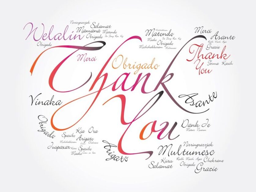 image of a thank you card with the work thank you written in many languages - reception venues - lafayette la - le pavillon